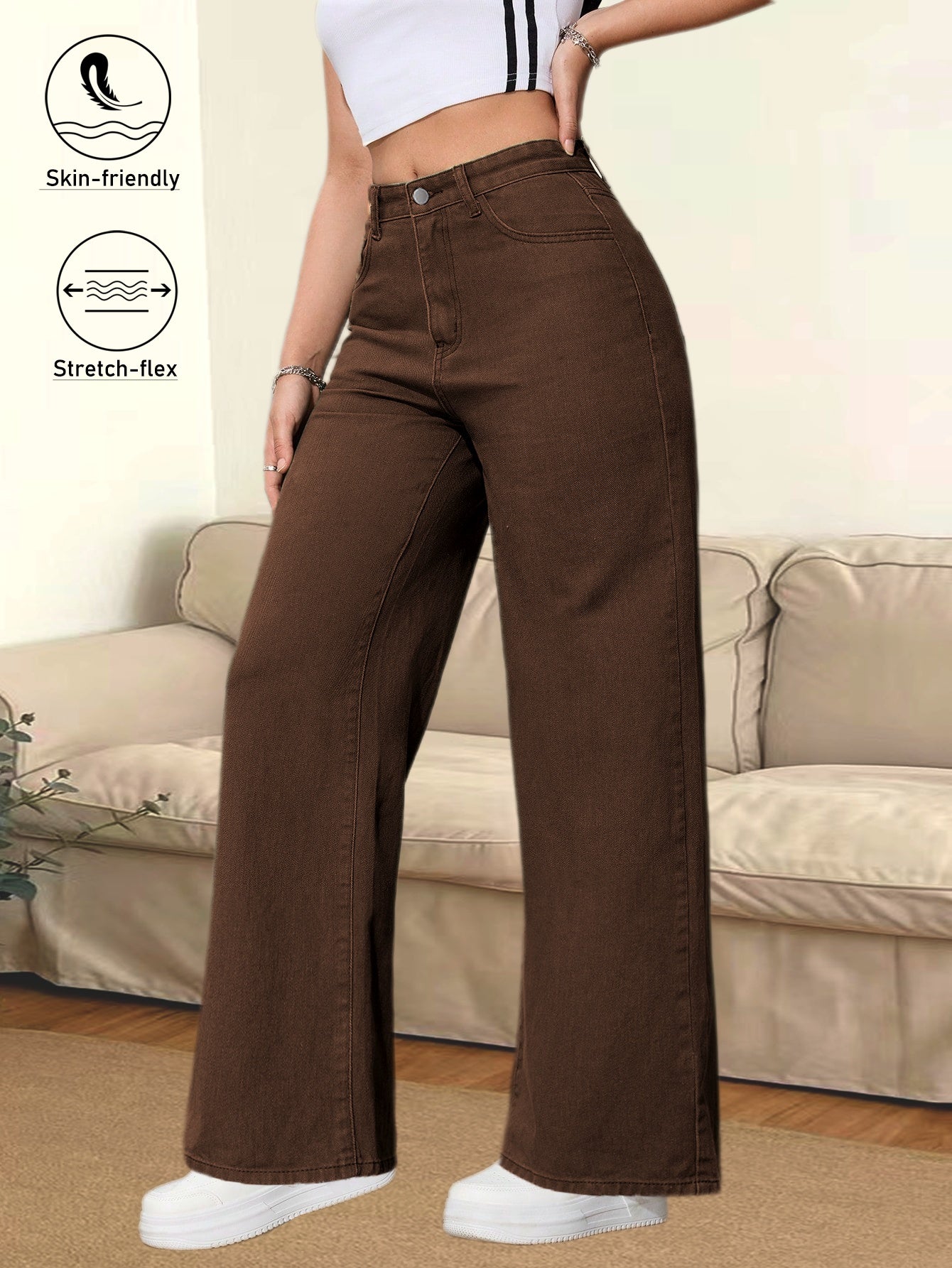 Jeans Femme Marron Café Jambe Large Poches Multiples Boutons Taille Mi-Haute Extensible Toute Saison Polyvalent Confortable Élégant