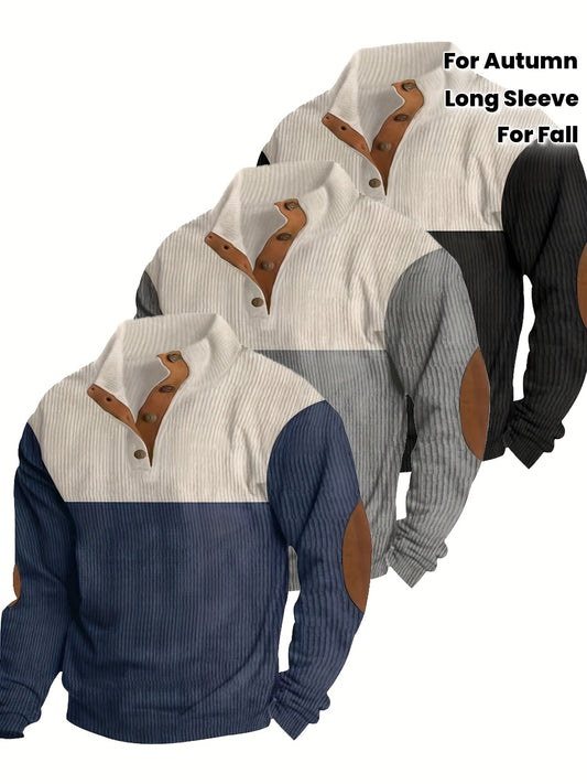 Lot de 3 sweatshirts homme manches longues – velours côtelé, color block gris/marron, col montant, détails bouton, casual automne/hiver