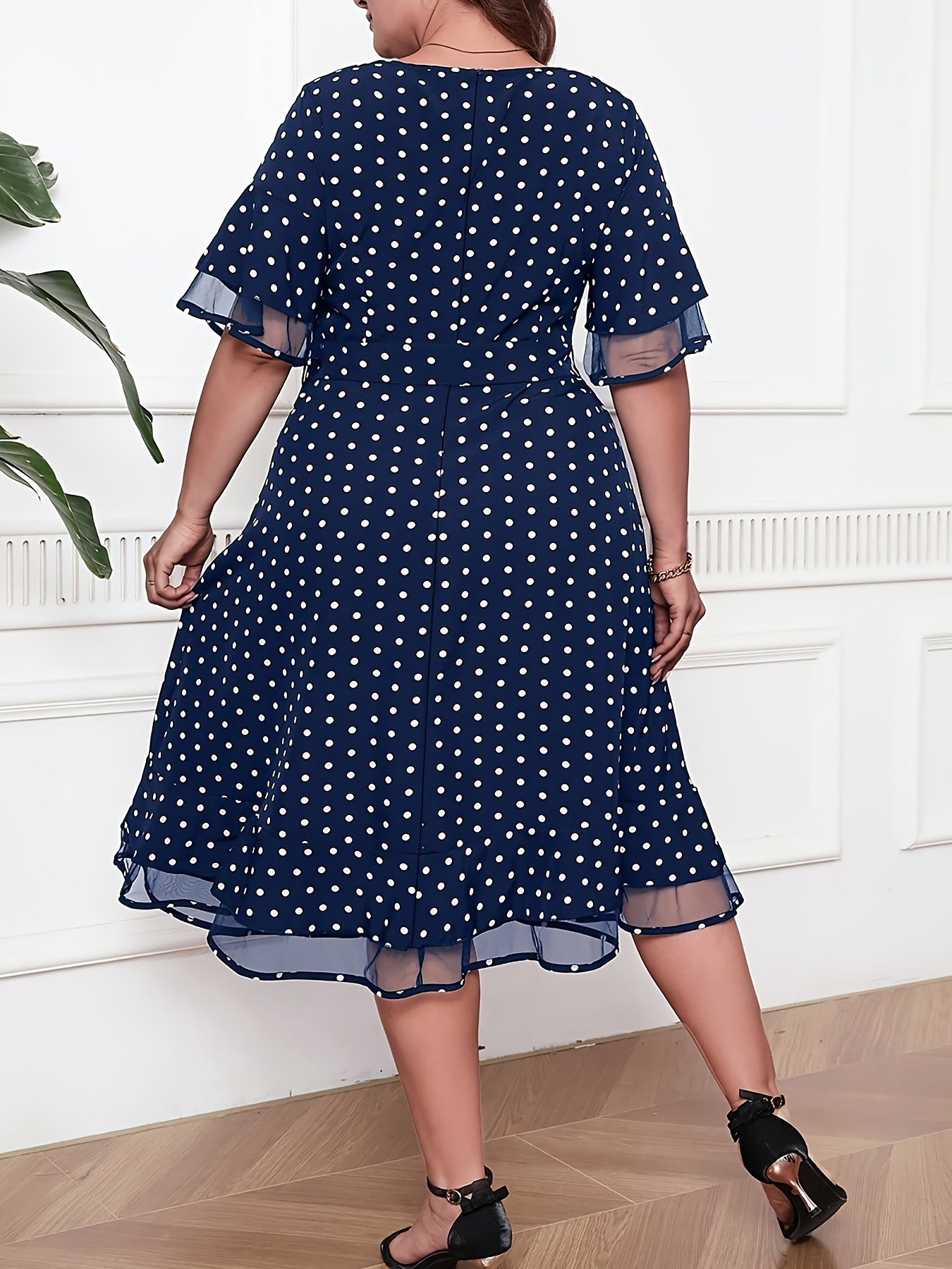 Robe Été Femme Grande Taille – Élégante, Imprimé à Pois, Col Rond, Dos à Nouer, Manches Courtes, Jupe