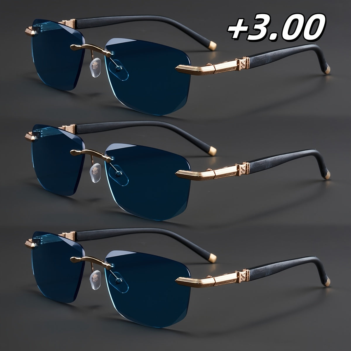 3-Pack, Stylish Men's Frameless Reading Glasses, Elegant Metal Frame, Options: 100, 150, 200, 250, 300, 350, 400 Degrees,christmas Gifts
