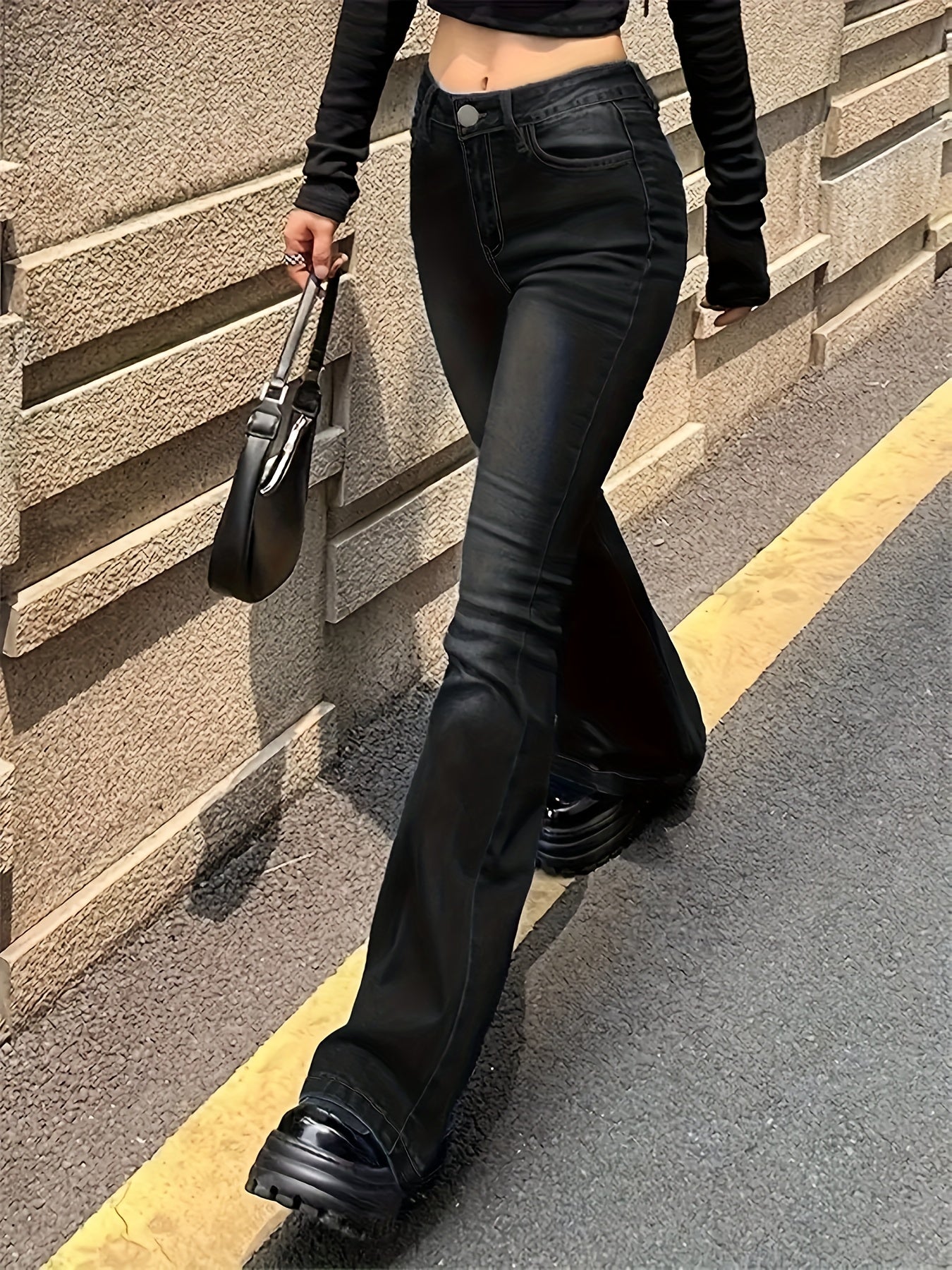 Jeans Femme Évasé Extensible Noir Slim Poches Obliques Bell-Bottom Décontracté Confortable Lavable