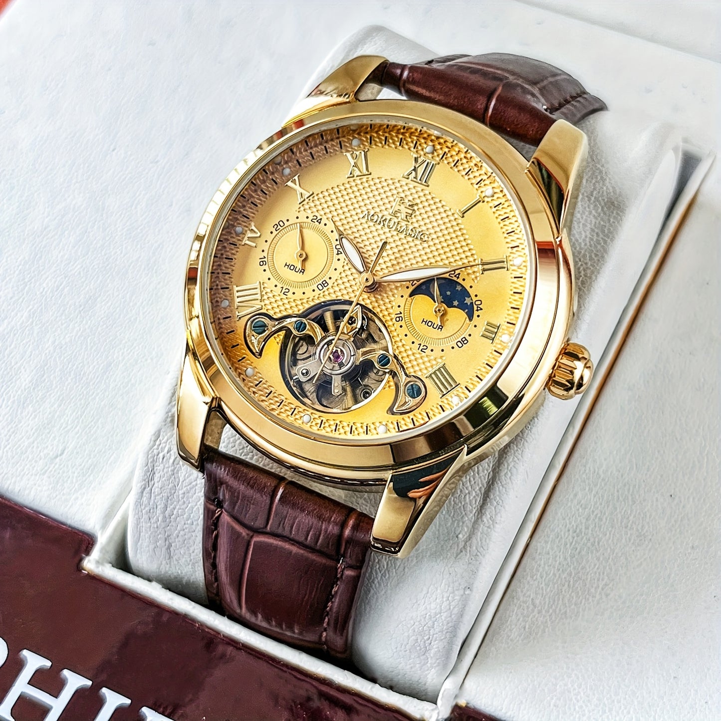 Luxury Automatic Mechanical Watch for Men - Fashionable and Versatile Casual Style - Light Luxury High-end Sun, Moon, Stars 24-Hour Function - Automatic Winding Luminous Hands - Business Demeanor Style - Gift for V