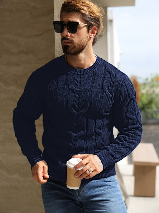 Men's Casual Striped Pullover Sweater - Soft Stretch Knit Crewneck Long Sleeve, Machine Washable H-Fit Ribbed Trim for Autumn Winter, Medium Elasticity Fabric