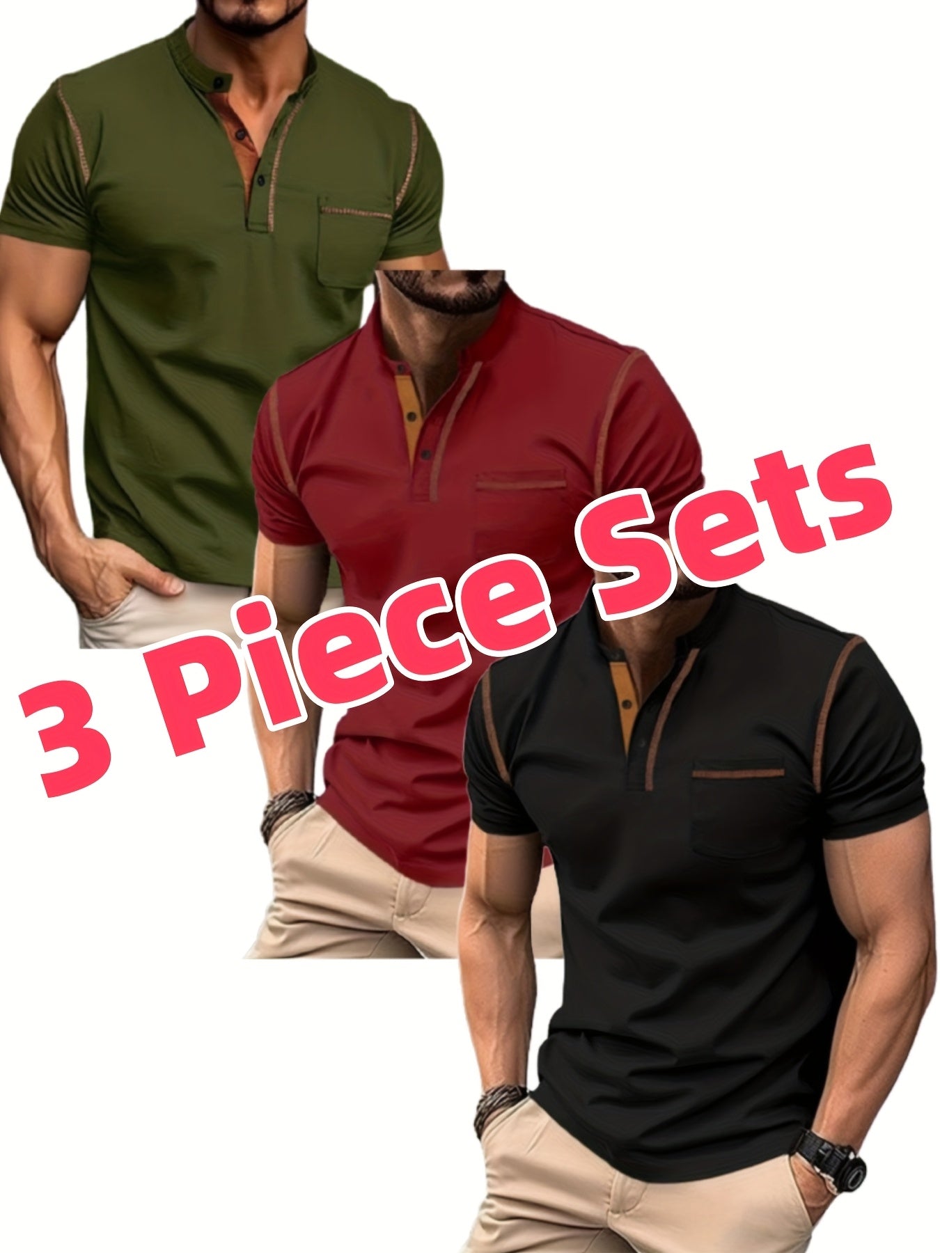 Lot de 3 Henley Manches Courtes – Tops Casual Golf & Tennis