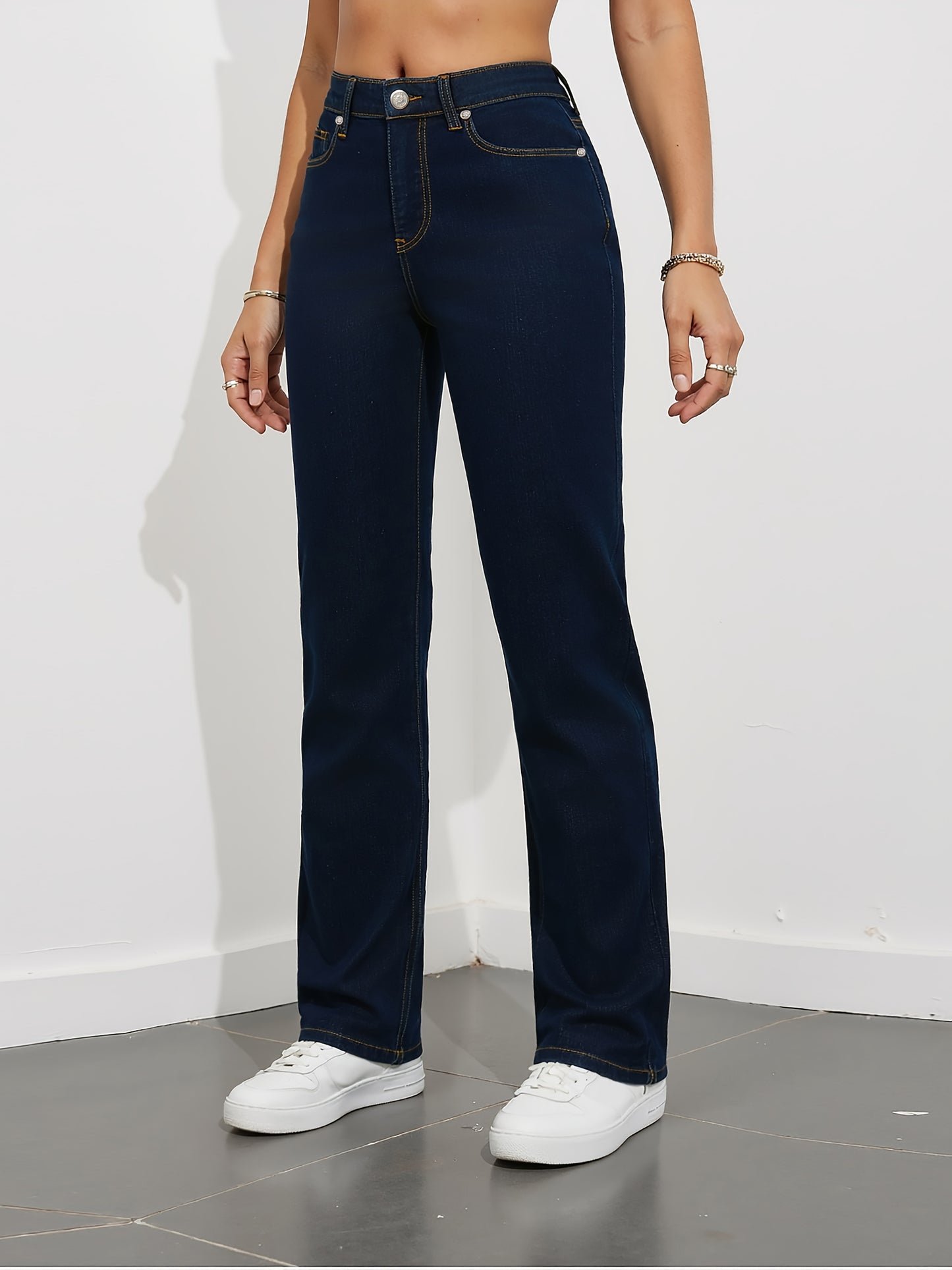Pantalon élégant pour femme, taille haute, jambes larges - Bleu marine uni, coupe fuselée structurée, poche arrière en forme de cœur