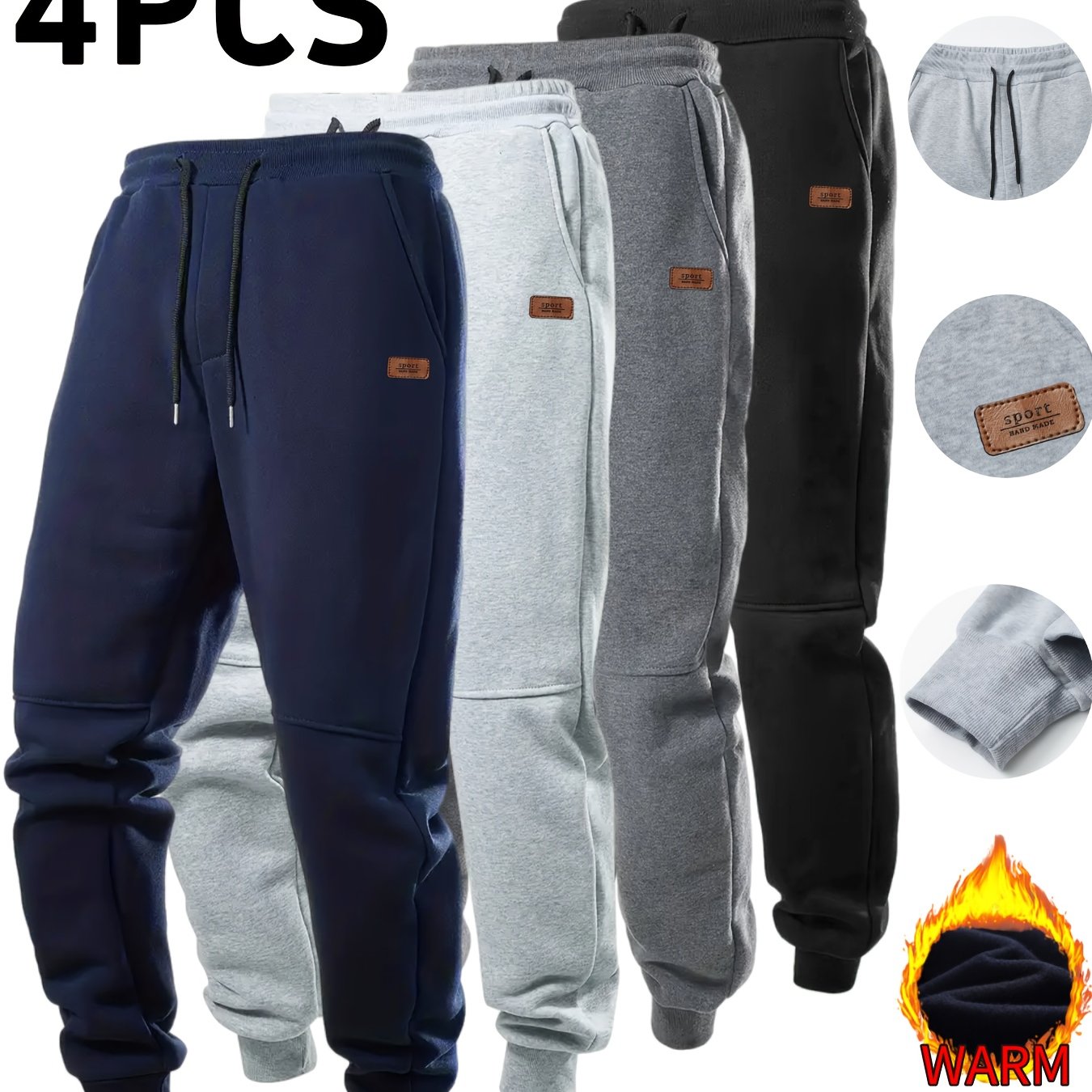 4pcs Pantalons Sport Homme – Automne/Hiver, Cordon, Tissu Élastique, Doublure Chaude, Casual