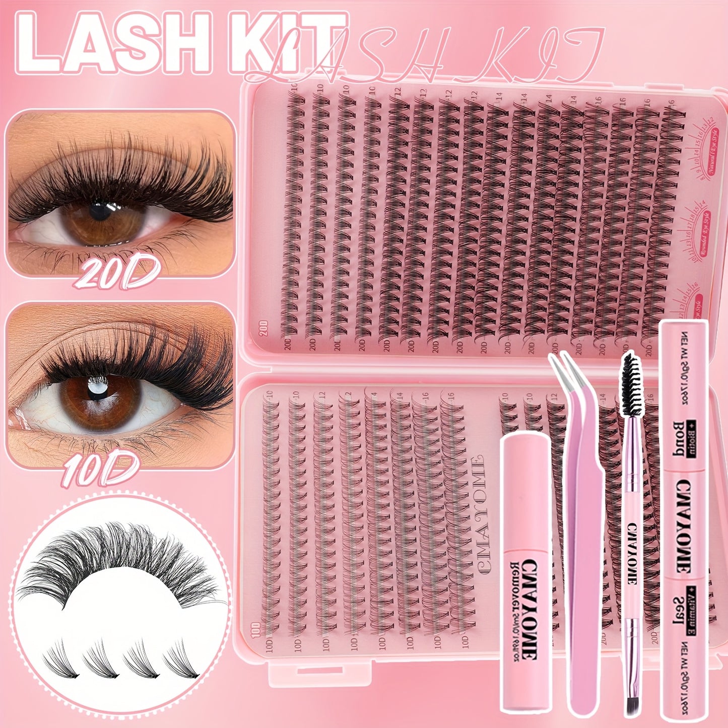 Kit de cils faux 640/240 clusters – grande capacité, 3 densités (10D-30D), longueurs mixtes 8-18 mm, colle et outils inclus, durable et réutilisable, adapté aux débutants et DIY