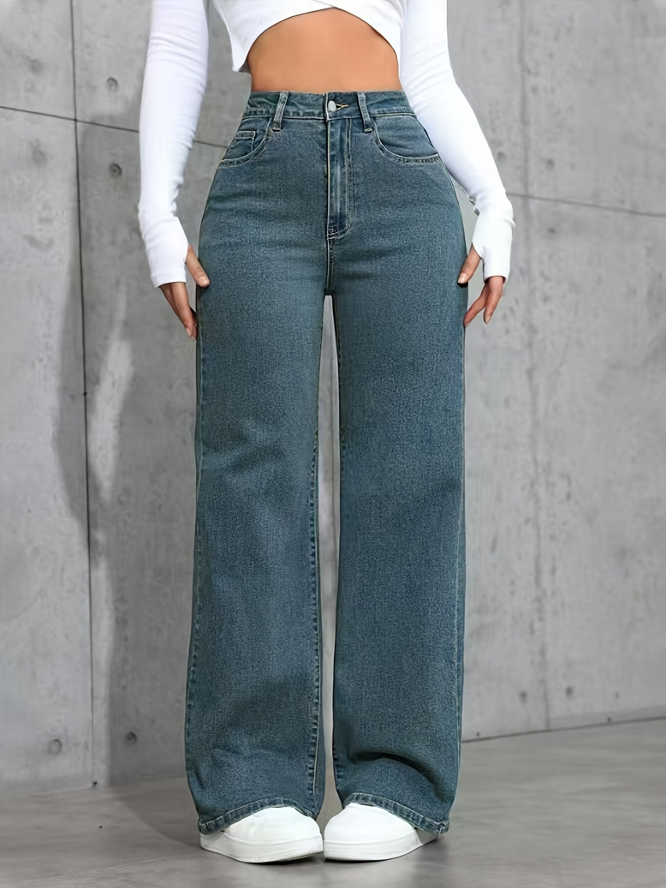 Pantalon Femme Taille Haute Bleu Jambe Droite Extensible Poches Confortable Style Décontracté 2025 Denim Rétro Résistant Slim Streetwear