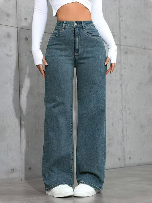 Pantalon Femme Taille Haute Bleu Jambe Droite Extensible Poches Confortable Style Décontracté 2025 Denim Rétro Résistant Slim Streetwear