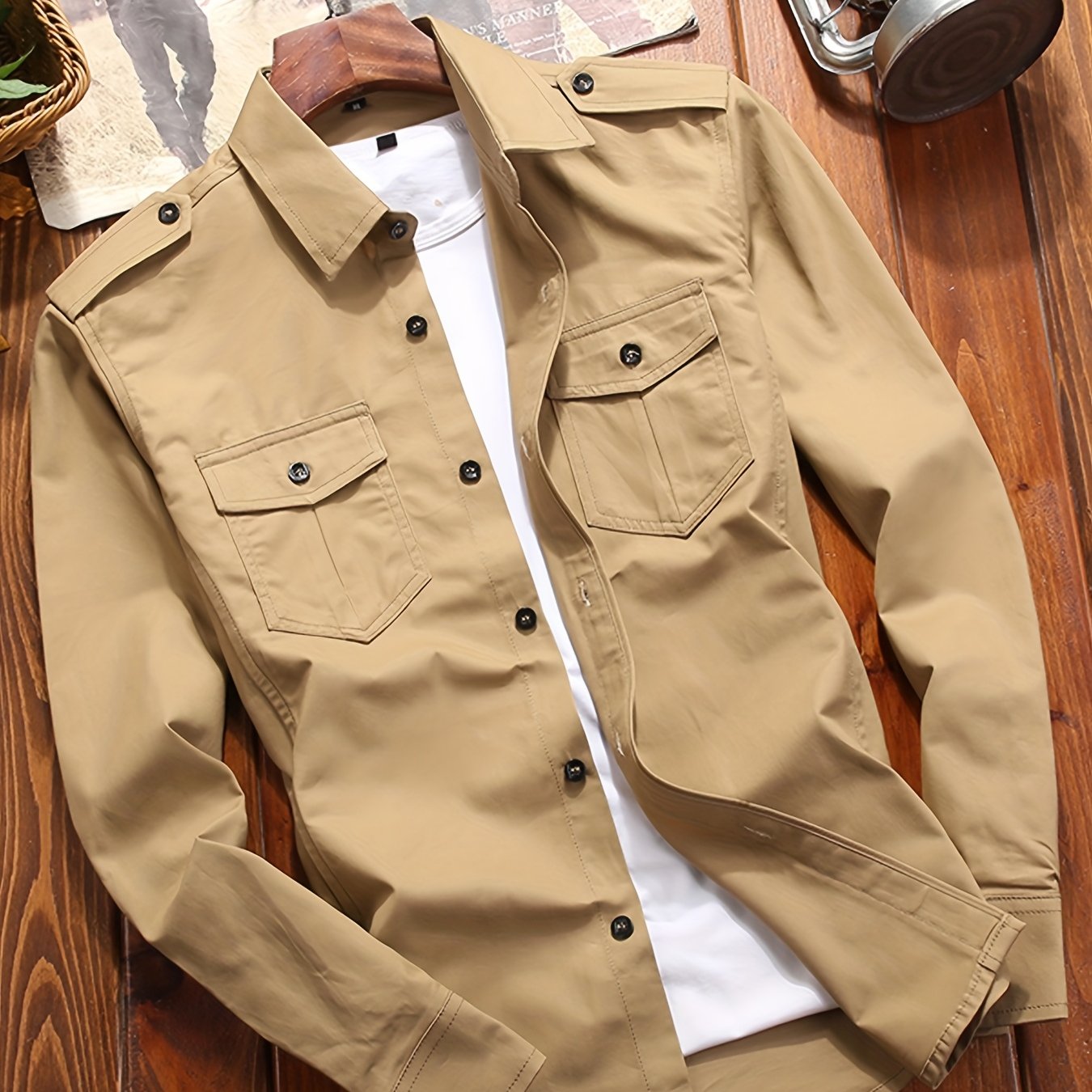 New Casual Men's Business Gentleman Square Collar Long Sleeve Multi-Pocket Army Green Shirt