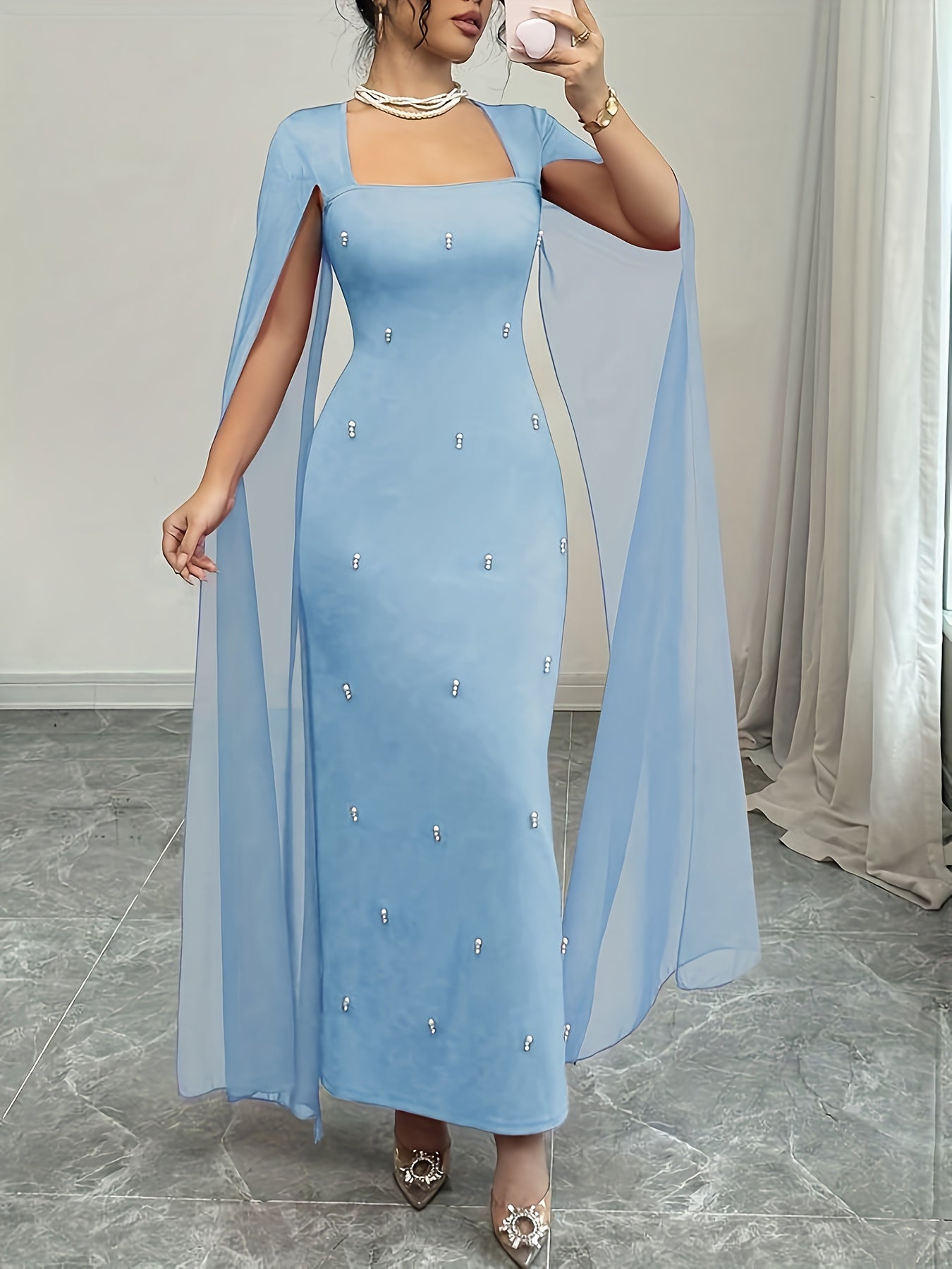 Elegant Everyday Party Fitted Shawl Collar Chiffon Sheer Stretchy Red Women'S Dress - Long Mermaid Gown for Spring And Summer