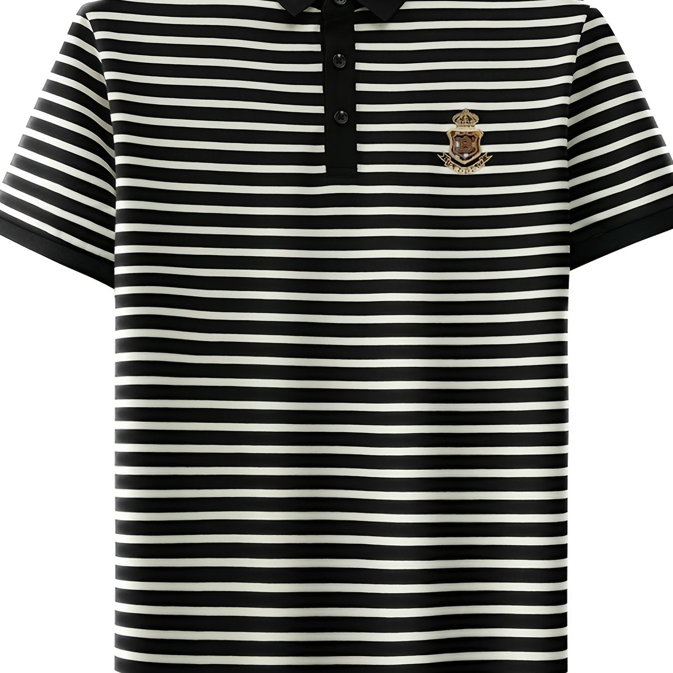 Men's Slim Fit Golf Shirt - Black & White Striped Breathable Short Sleeve with Logo, Button-Up Collar for Outdoor Sports & Casual Wear, Machine Washable