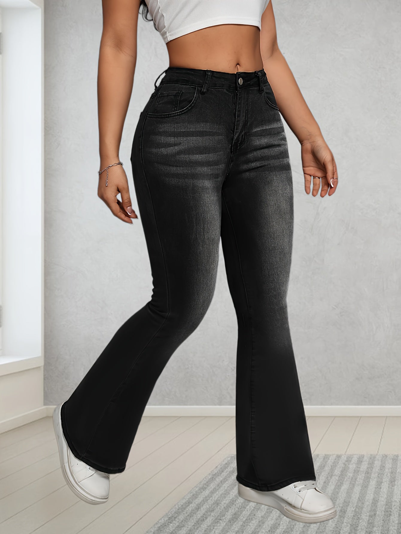 Jeans Femme Taille Haute Évasé Extensible Jambe Large Boutons Ceinture Non Incluse Toute Saison Effet Usé Décontracté et Formel Lavable
