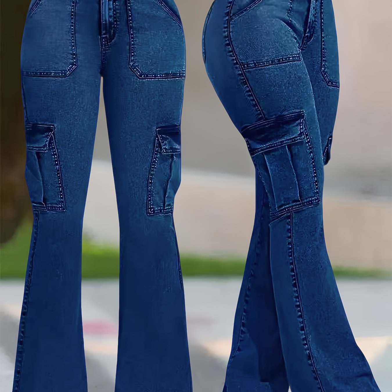 Jeans Femme Extensible Cargo Évasé Bleu Foncé Effet Usé Bootcut Poches Multiples Taille Haute Contrôle Ventre Style Street Slim Décontracté
