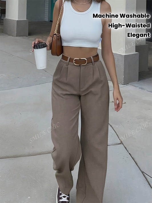 Pantalon Femme Élégant Jambe Large – Sans Ceinture, Fermeture Zippée, Résistant aux Plis, Marron, Bureau et Semi-Formel