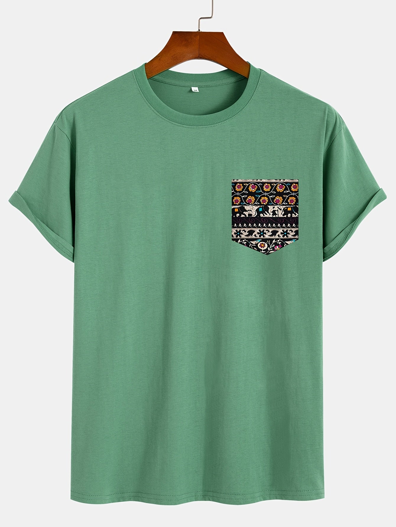 Solid Color Short Sleeve T-Shirt, Ethnic Style Pocketed Tee with Random Print on Pockets, Round Neck Short Sleeve Shirt