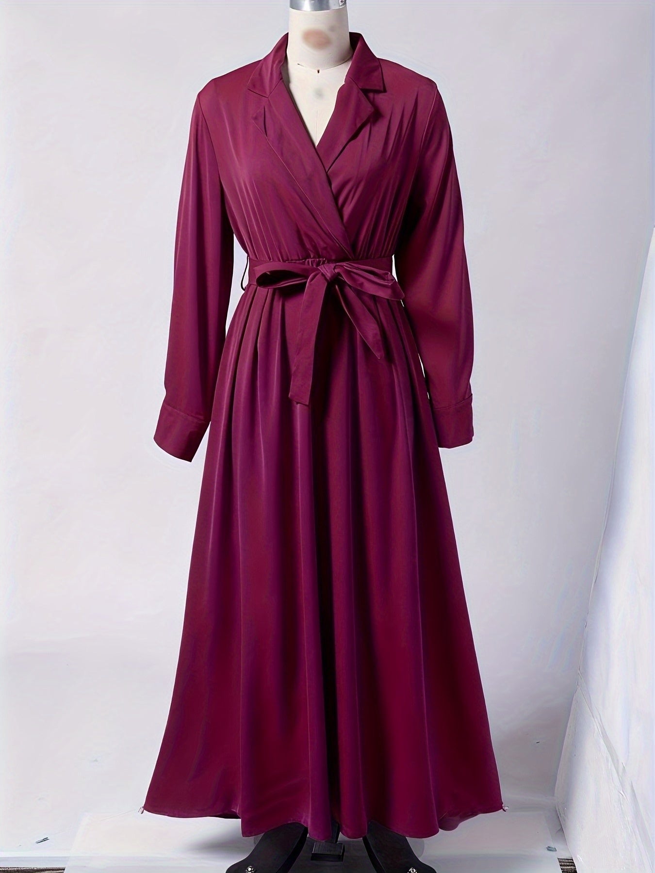 Women's Elegant A-Line Maxi Dress with Collar & Lace-Up Waist - Solid Color Formal Wedding Party Dress, Long Sleeve Flowing Flared, Machine Washable (Elegant Special Line Collection)