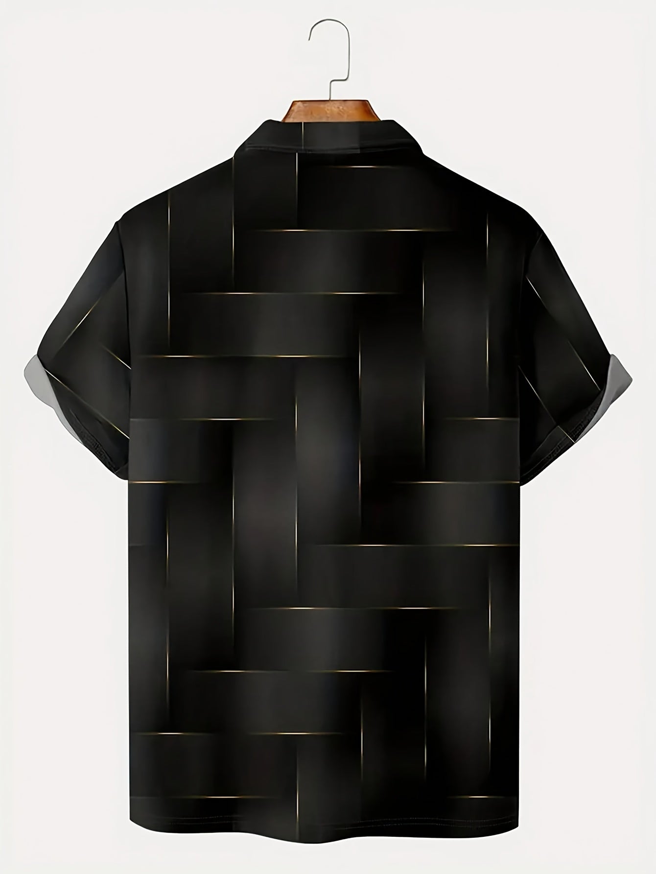 Men's Stylish Black & Golden Geometric Print Shirt - Short Sleeve, Casual Golf Sportswear, Digital Printing, Button-Up Collar, Polyester, All-Season Wear