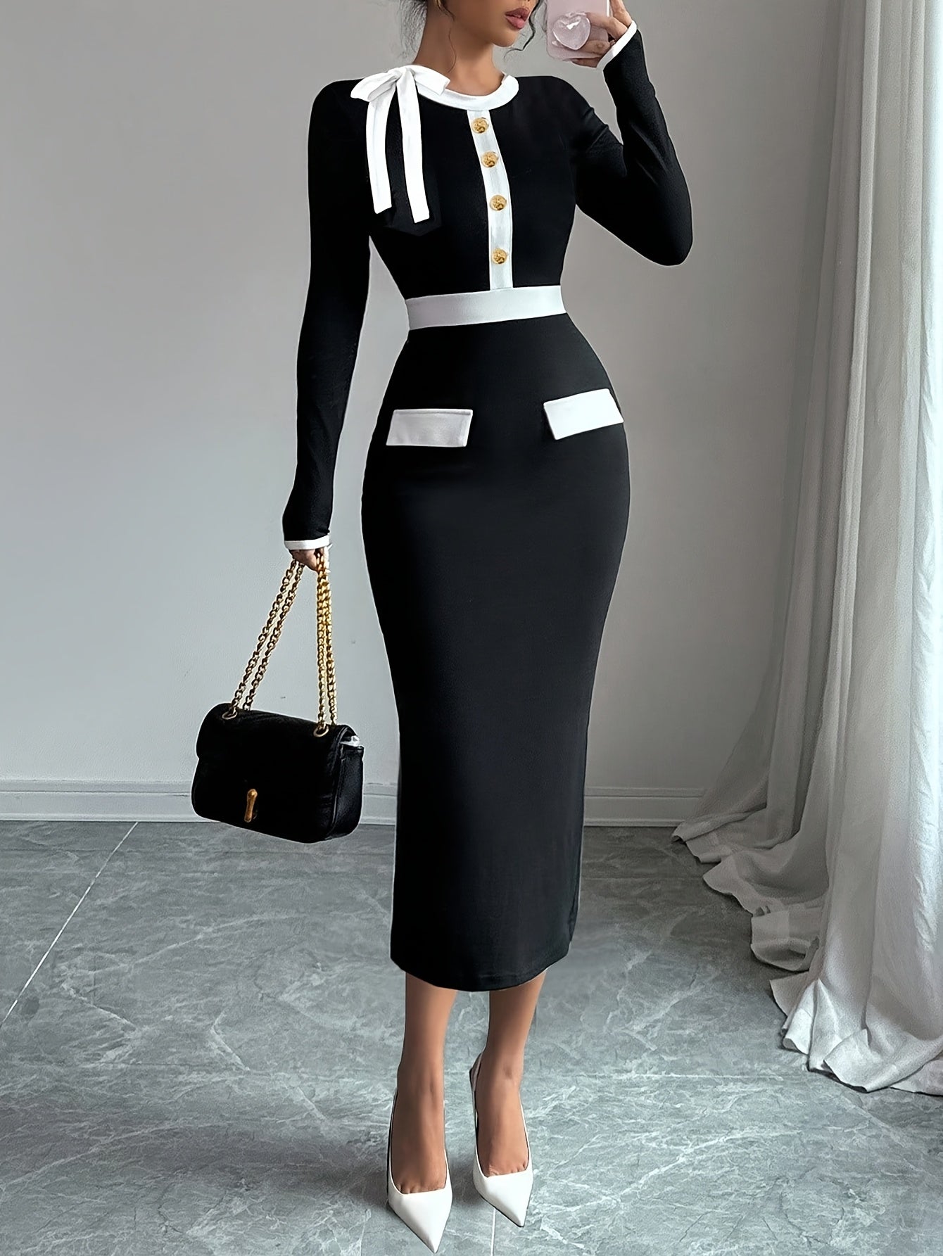 Women's Elegant A-Line Dress with Bow & Button Neckline - Black & White Contrast Long Sleeve Wedding Guest Dress, Church Dress, Year-Round Wear - Machine Washable A-Line Silhouette for Parties & Special Occasions (s)