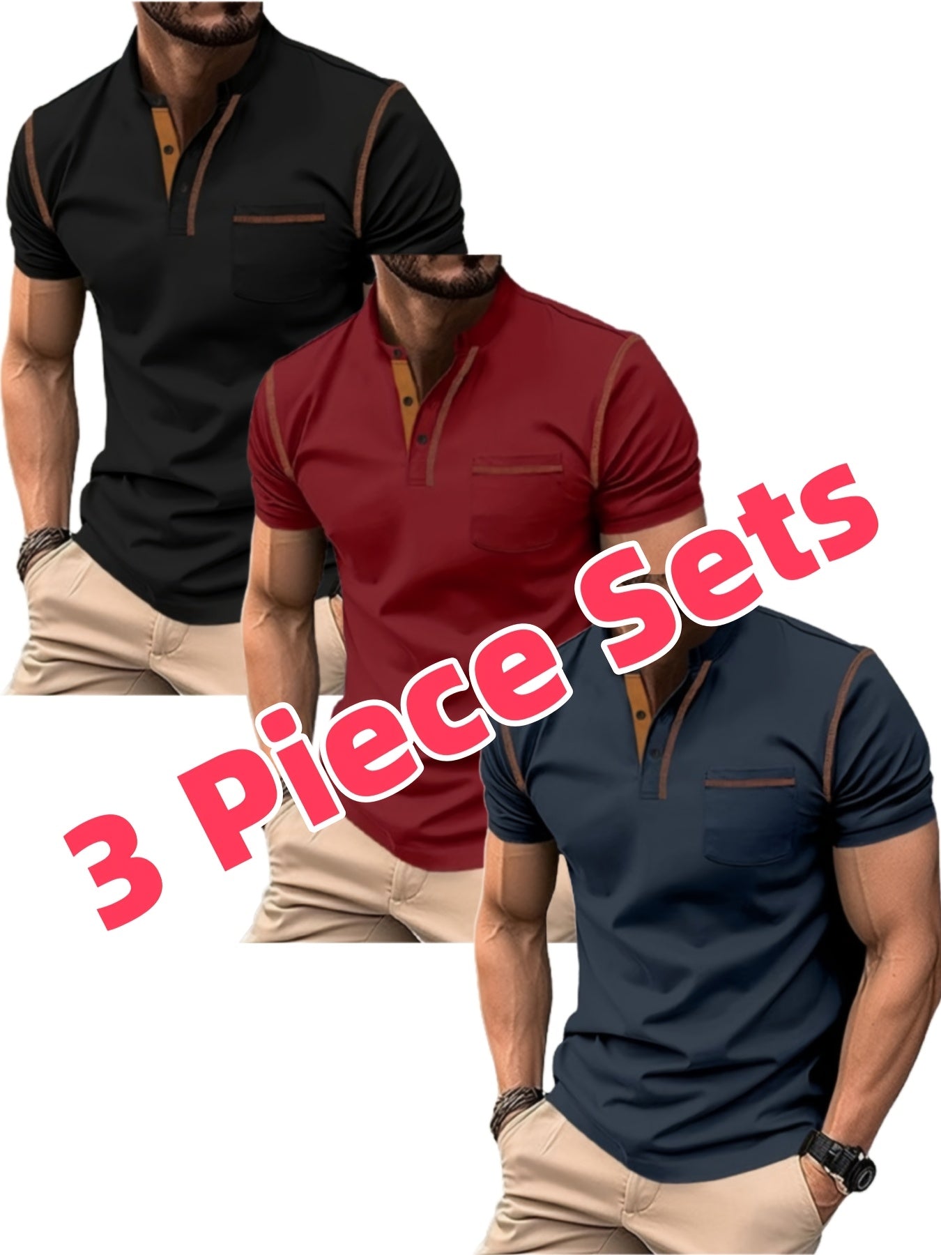 Lot de 3 Henley Manches Courtes – Tops Casual Golf & Tennis