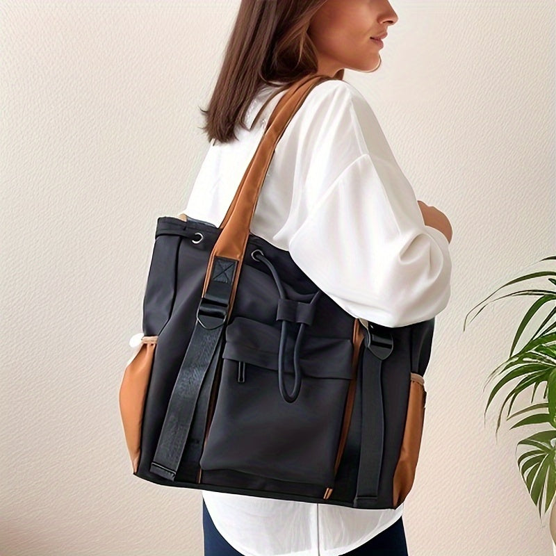 Sac Cabas Femme – Grande Capacité, Nylon, Couleurs Noir/Blanc/Marron Patchwork, Casual, Voyage, Shopping, Sacs pour Étudiantes