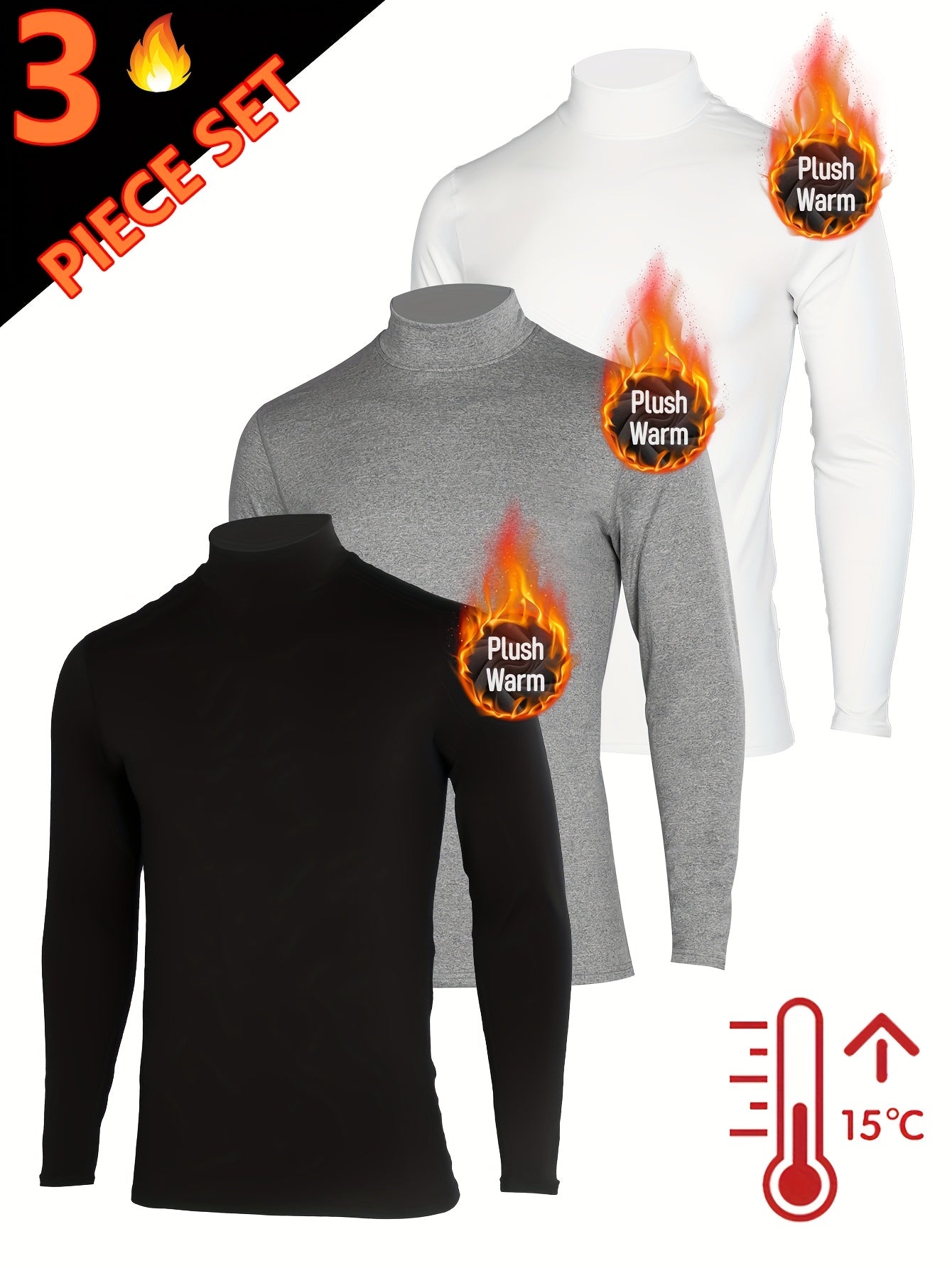 3pcs Sous-Vêtements Thermiques Homme – Col Montant Manches Longues