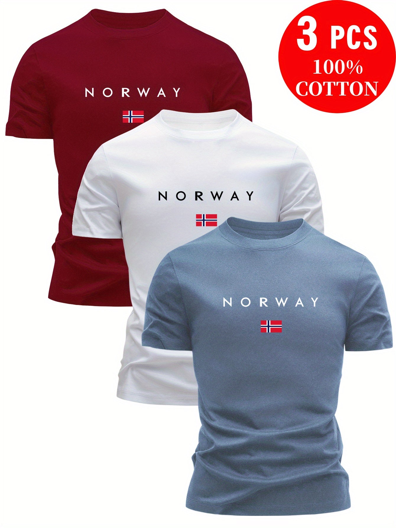3pcs Men'S 100% Cotton Slim Fit T-Shirts - Breathable & Sweat-Wicking Summer Casual Tees with NORWAY Letter Print, Round Neck Short Sleeve, Light Blue/White/Black, T-shirt Stylish, Comfortable Clothing, Minimalistic Design, B