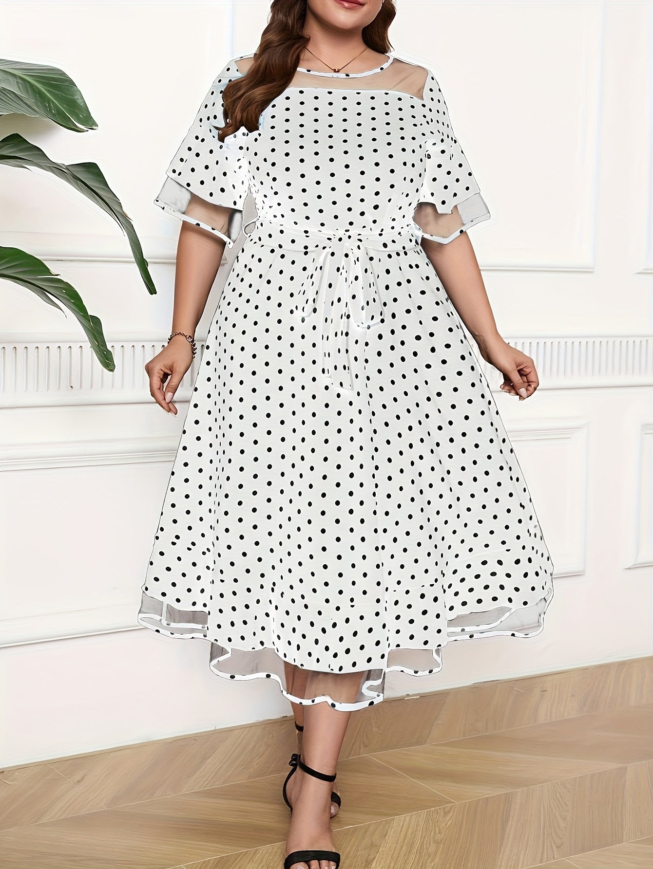 Robe Été Femme Grande Taille – Élégante, Imprimé à Pois, Col Rond, Dos à Nouer, Manches Courtes, Jupe