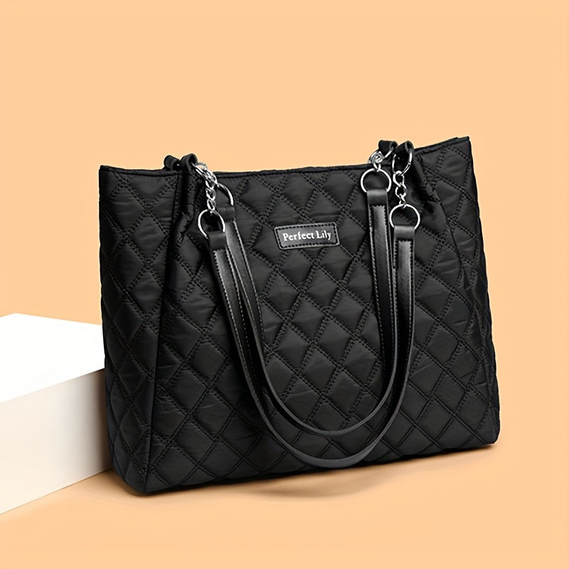 Sac fourre-tout élégant pour femmes – grande capacité, motif losange, nylon résistant, fermeture éclair, bandoulière fixe, idéal travail, voyage ou shopping