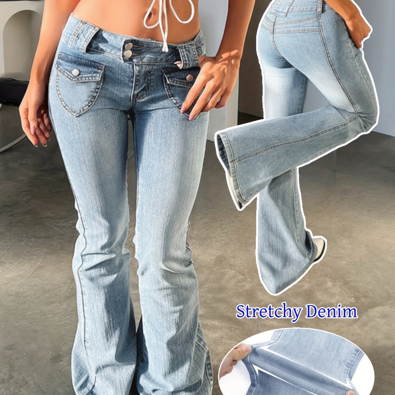 Jeans Femme Sexy Rétro Taille Basse Slim-Fit Évasé Extensible Bleu Clair Effet Usé Poches Utilitaires Double Boutons Zippé