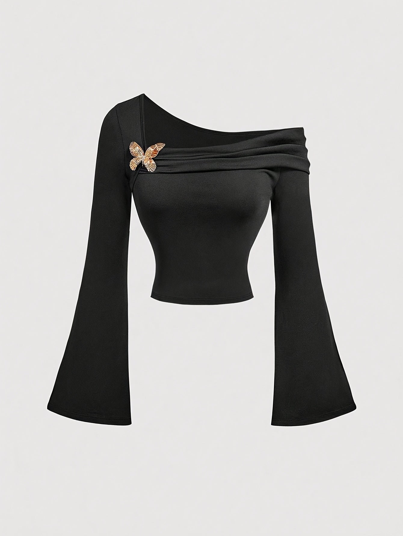 T-shirt élégant noir asymétrique pour femmes – manches cloche, col asymétrique à une épaule, boutons métal, style rétro années 2000, occidental, bureau ou costume Halloween, lavable en machine automne/hiver