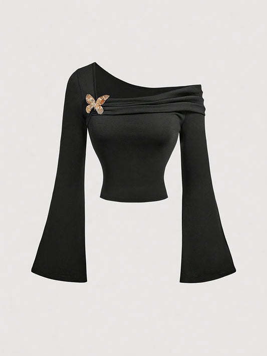 T-shirt élégant noir asymétrique pour femmes – manches cloche, col asymétrique à une épaule, boutons métal, style rétro années 2000, occidental, bureau ou costume Halloween, lavable en machine automne/hiver