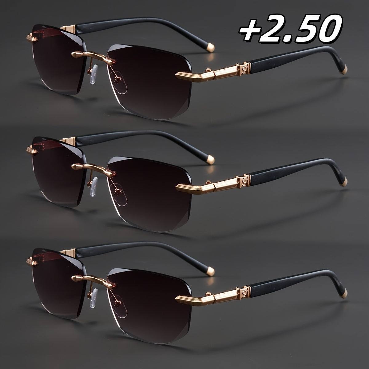 3-Pack, Stylish Men's Frameless Reading Glasses, Elegant Metal Frame, Options: 100, 150, 200, 250, 300, 350, 400 Degrees,christmas Gifts