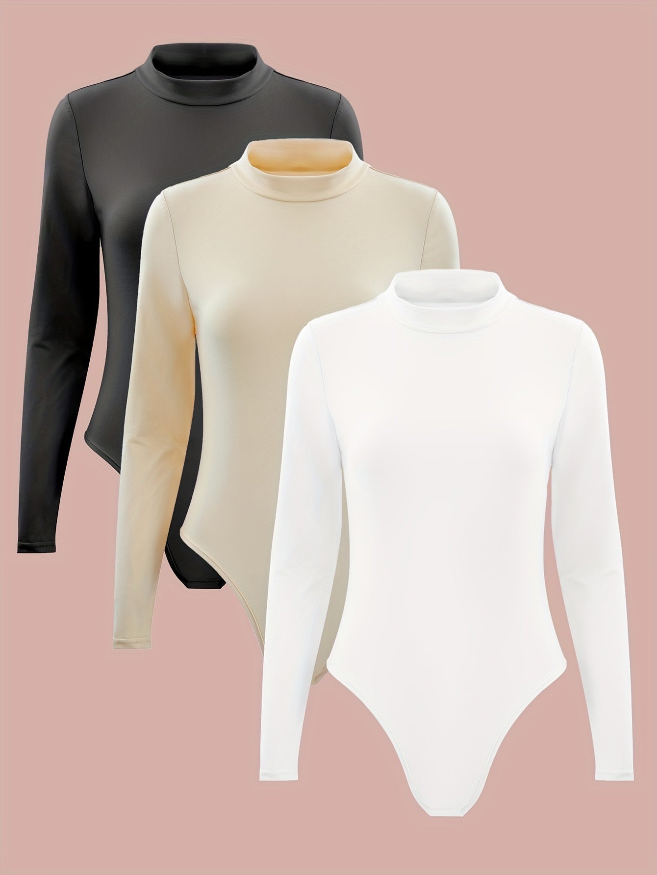 Lot de 3 bodys slim unis pour femme, manches longues, col montant, style décontracté