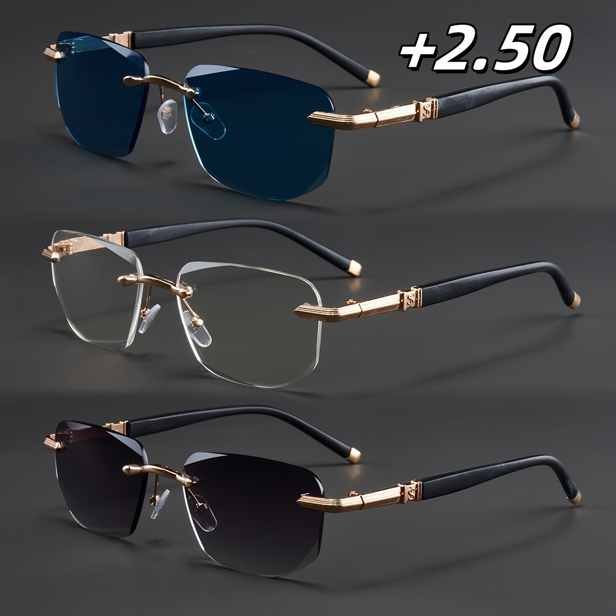 3-Pack, Stylish Men's Frameless Reading Glasses, Elegant Metal Frame, Options: 100, 150, 200, 250, 300, 350, 400 Degrees,christmas Gifts