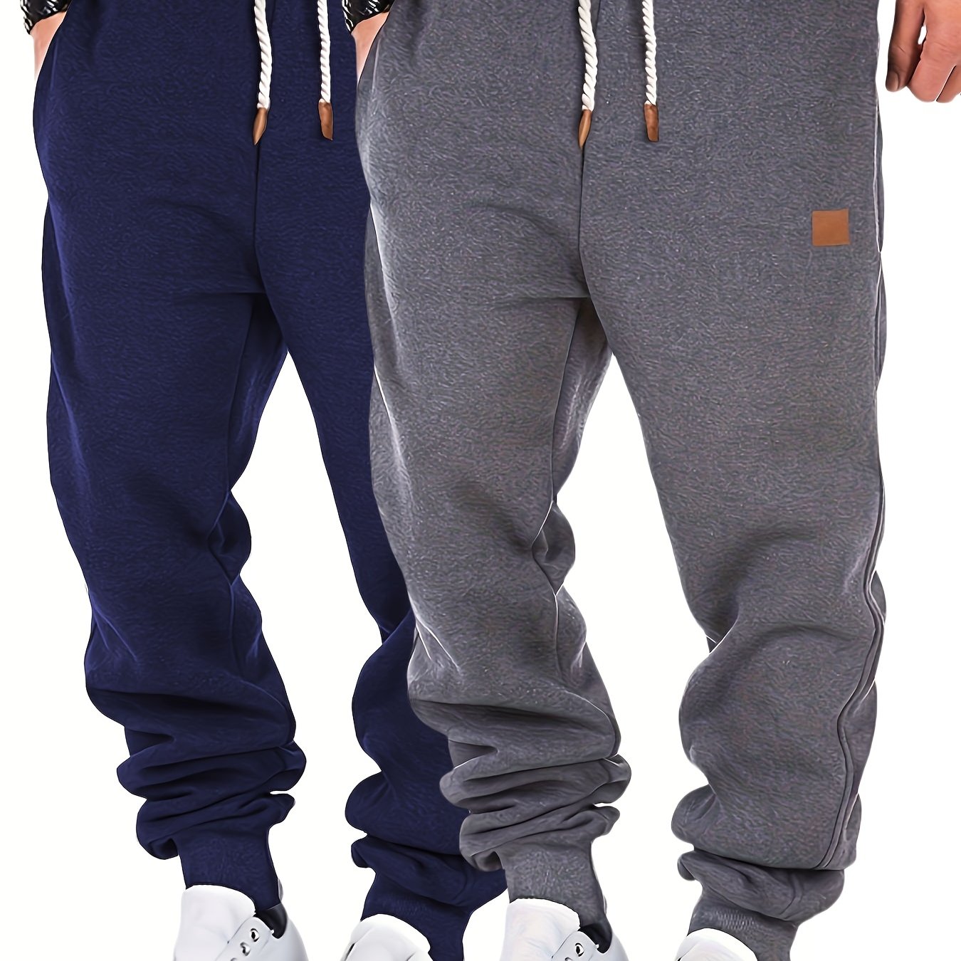 2pcs Joggers Homme – Polaire, Gris, Cordon, Sport & Casual, Hiver