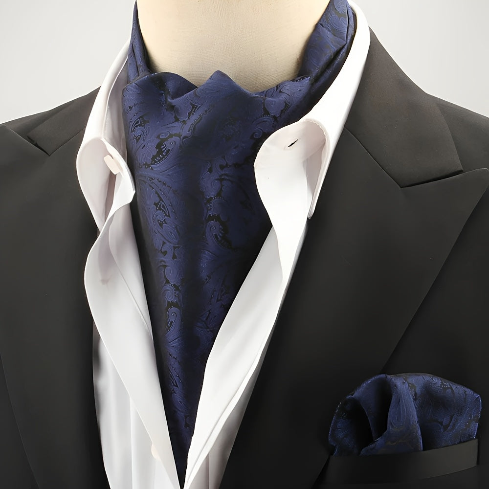 2pcs Ascot Homme – Écharpe et Pochette Style Rétro Britannique pour Mariages et Événements, Motifs Pois/Paisley/Fleur