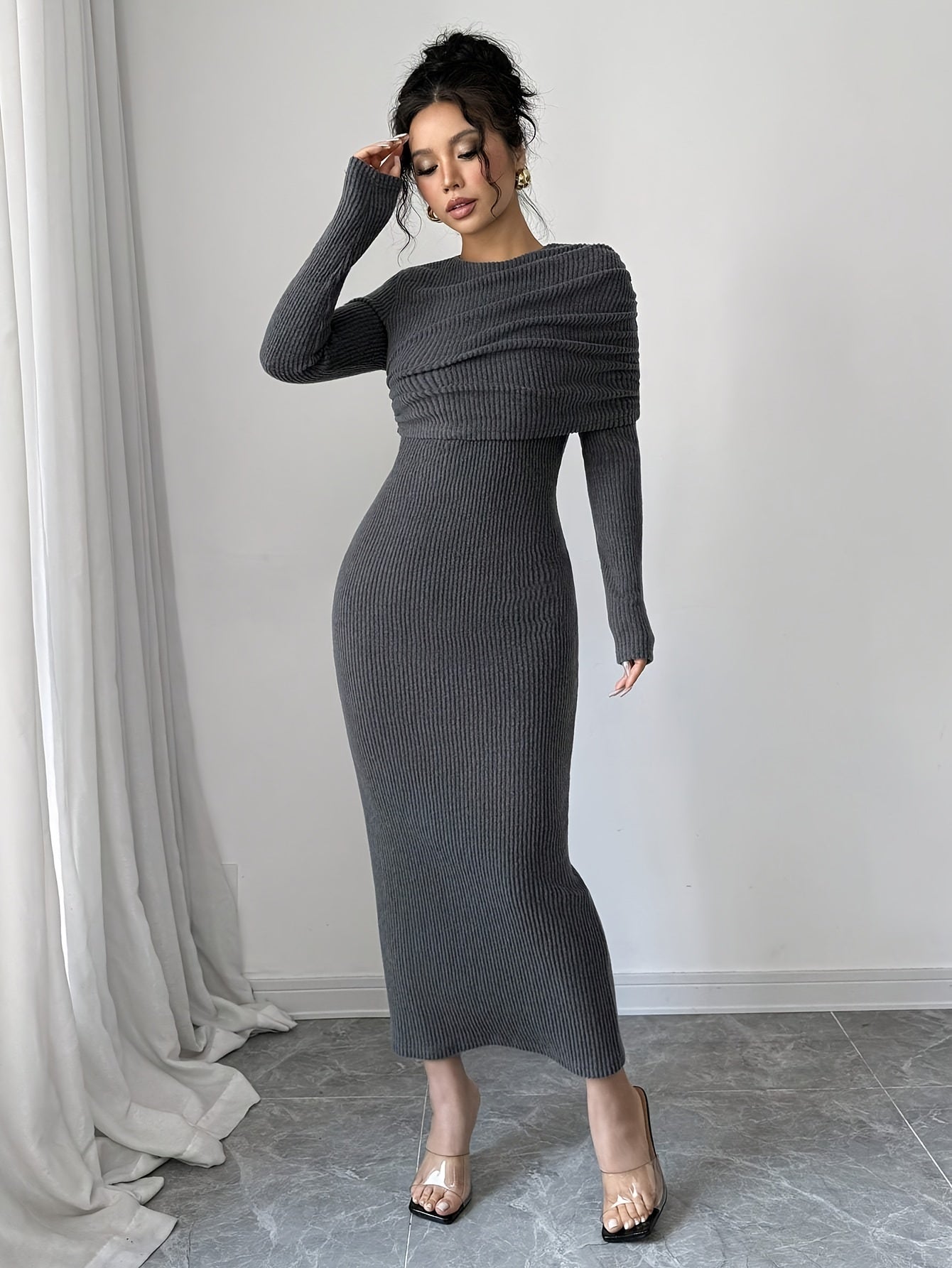 Robe Longue Moulante Femme – Manches Longues, Élégante et Polyvalente, Coupe Flatteuse pour Soirées, Bureau et Quotidien, Robe de Soirée Toutes Saisons, Fente Haute, Couture de Qualité, Tenue Chic pour Amatrices de Mode