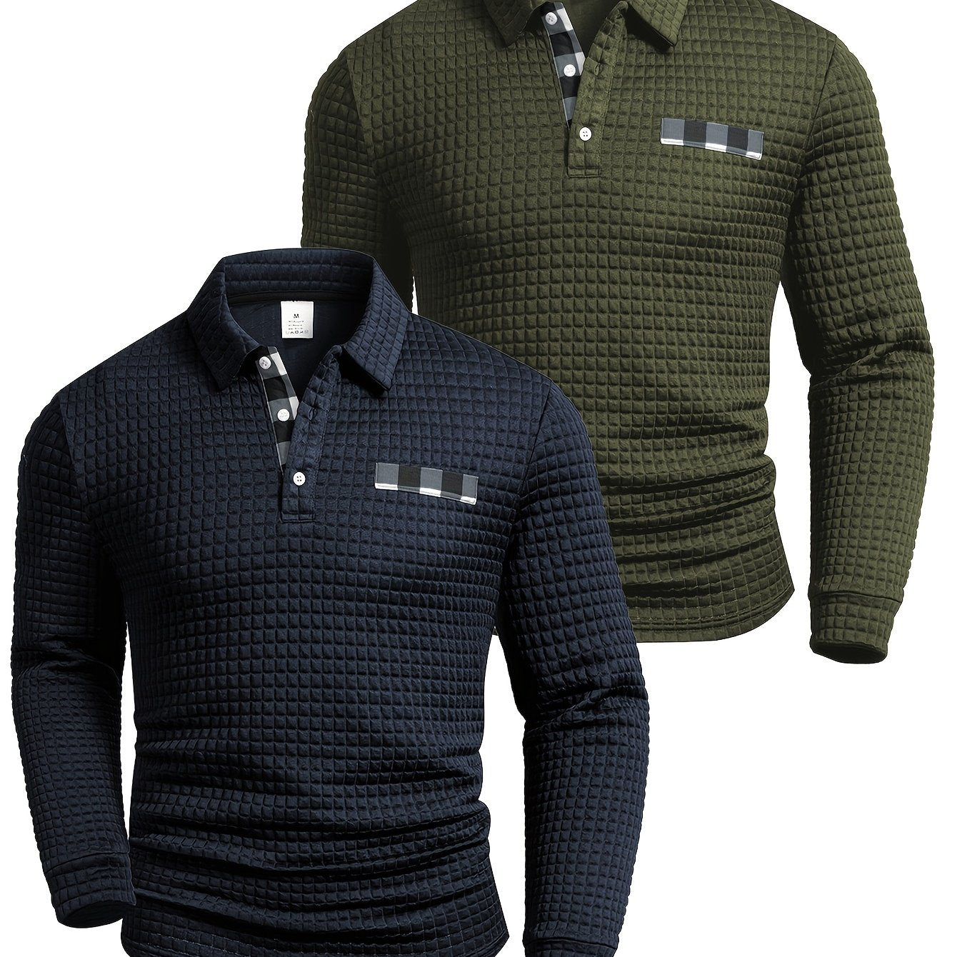 Two Long-Sleeve Polo Shirts with a Digital Print Fabric Featuring a Random Check Pattern, Non-Positioned Plaid Design, Square Check Texture Fabric, Stylish Casual Wear for Everyday Outfits.
