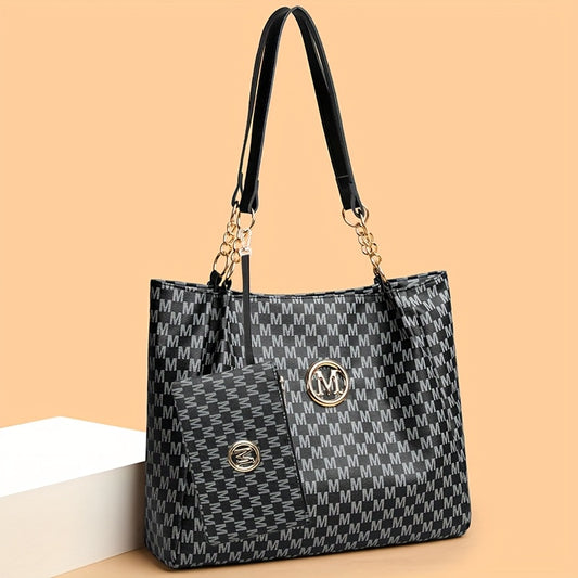 Set Sac Cabas et Portefeuille Femme– Sac à Main à Motif Lettre avec Logo Doré « M », Bandoulière Fixe, Idéal pour Déplacements Quotidiens, Travail, Rangement, Pochette à Rouge à Lèvres, Portefeuille, Sac de Shopping, Grande Capacité, Sac de Voyage