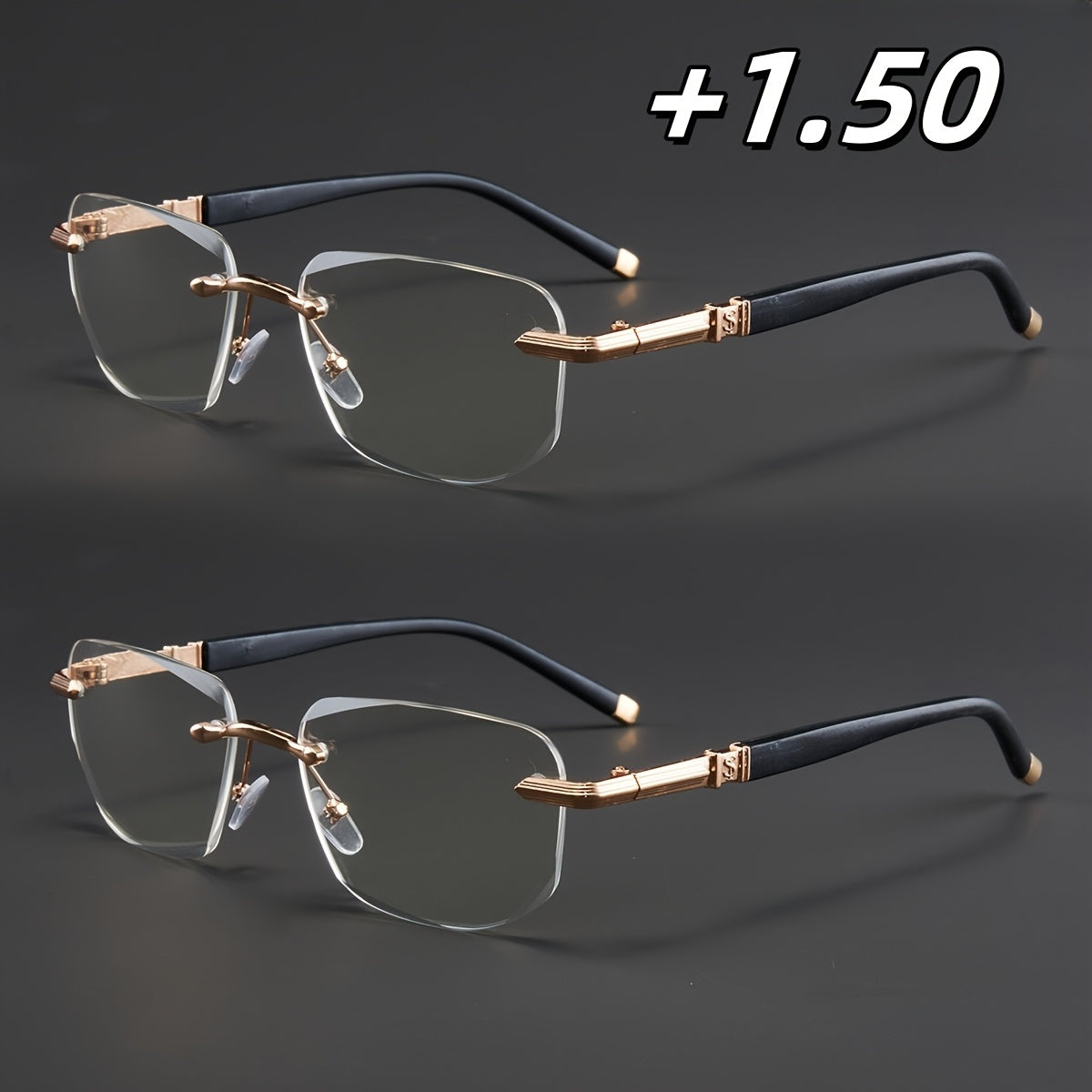 Two Pairs, Bundled Set, Stylish, Men'S, Exquisite, Luxurious, Rimless, Beveled Edge, Reading Glasses, Metal Frame, Options: 100, 150, 200, 250, 300, 350, And 400 Degrees, Without Battery, Christmas Gifts