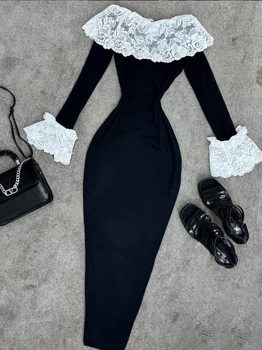 Elegant Off-the-Shoulder Lace-Trimmed Dress | Fitted Waist, Versatile for Parties, Dates, Birthdays, Valentine's, Weddings, Vacations