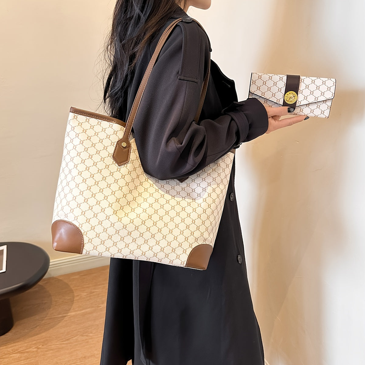 Set sac et portefeuille femmes grand format motif géométrique fermeture éclair blanc marron