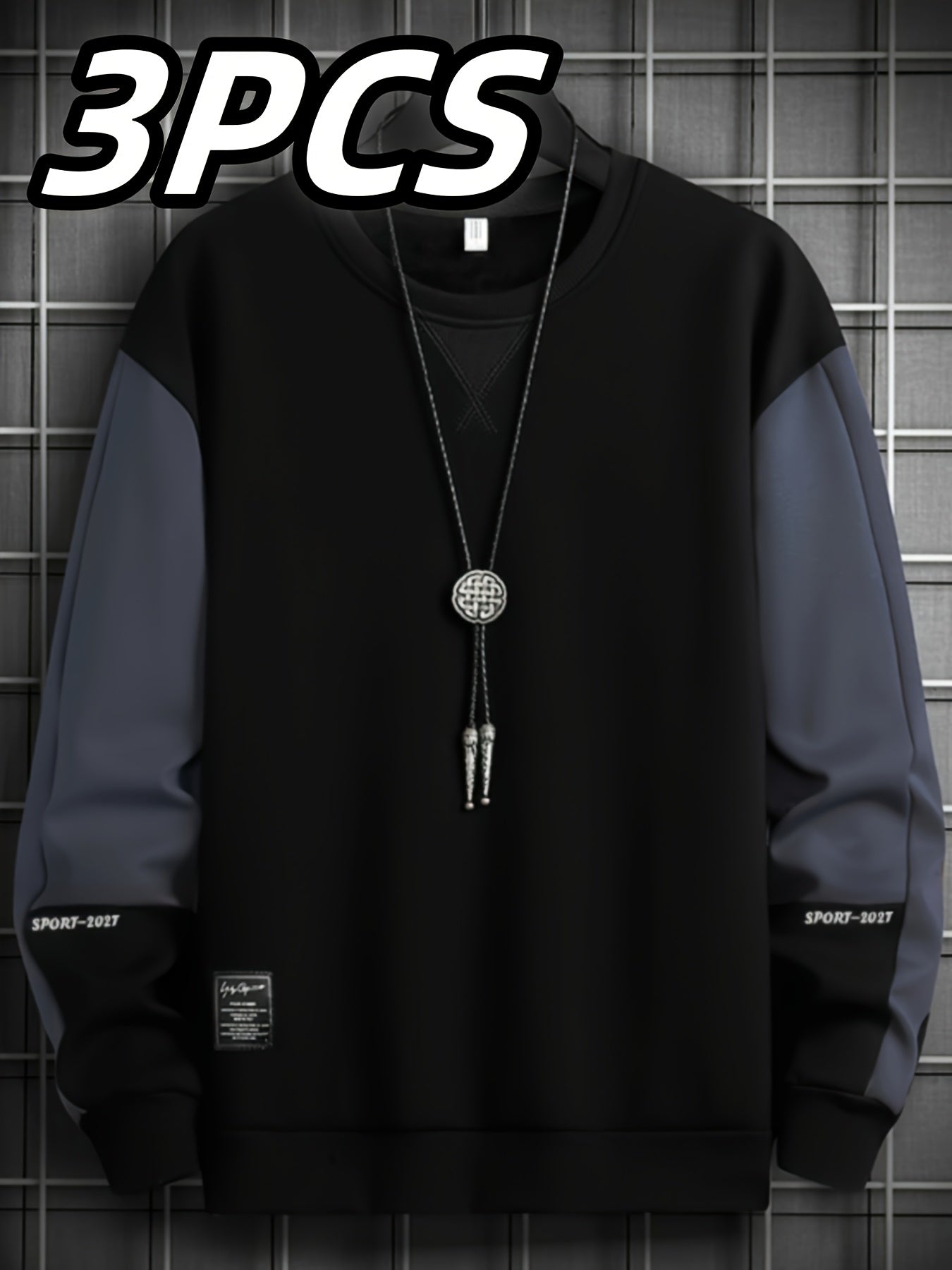 3pcs Sweatshirts Homme Col Rond – Polyester Extensible, Motif Lettre, Beige/Noir