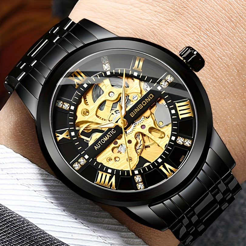 Stylish Men'S Fashion Casual Hollow Out Movement Mechanical Watch Waterproof Luminous Automatic Mechanical Watch, Without Battery