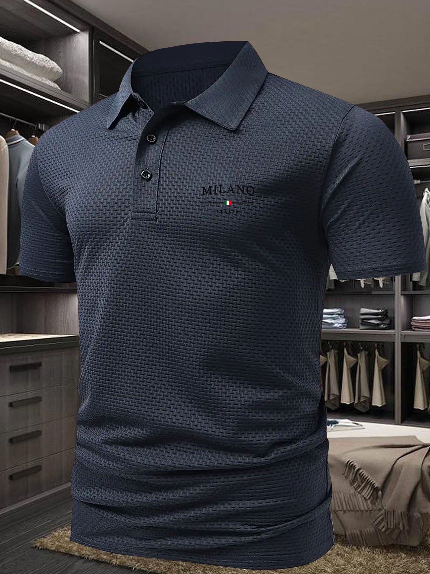 Milano Men'S Casual T-Shirt - Breathable Regular Fit Short Sleeve Shirt with Geometric Print, Button-Up Collar for Summer Comfort & Casual Attire, Comfortable Clothing, Easycare Material