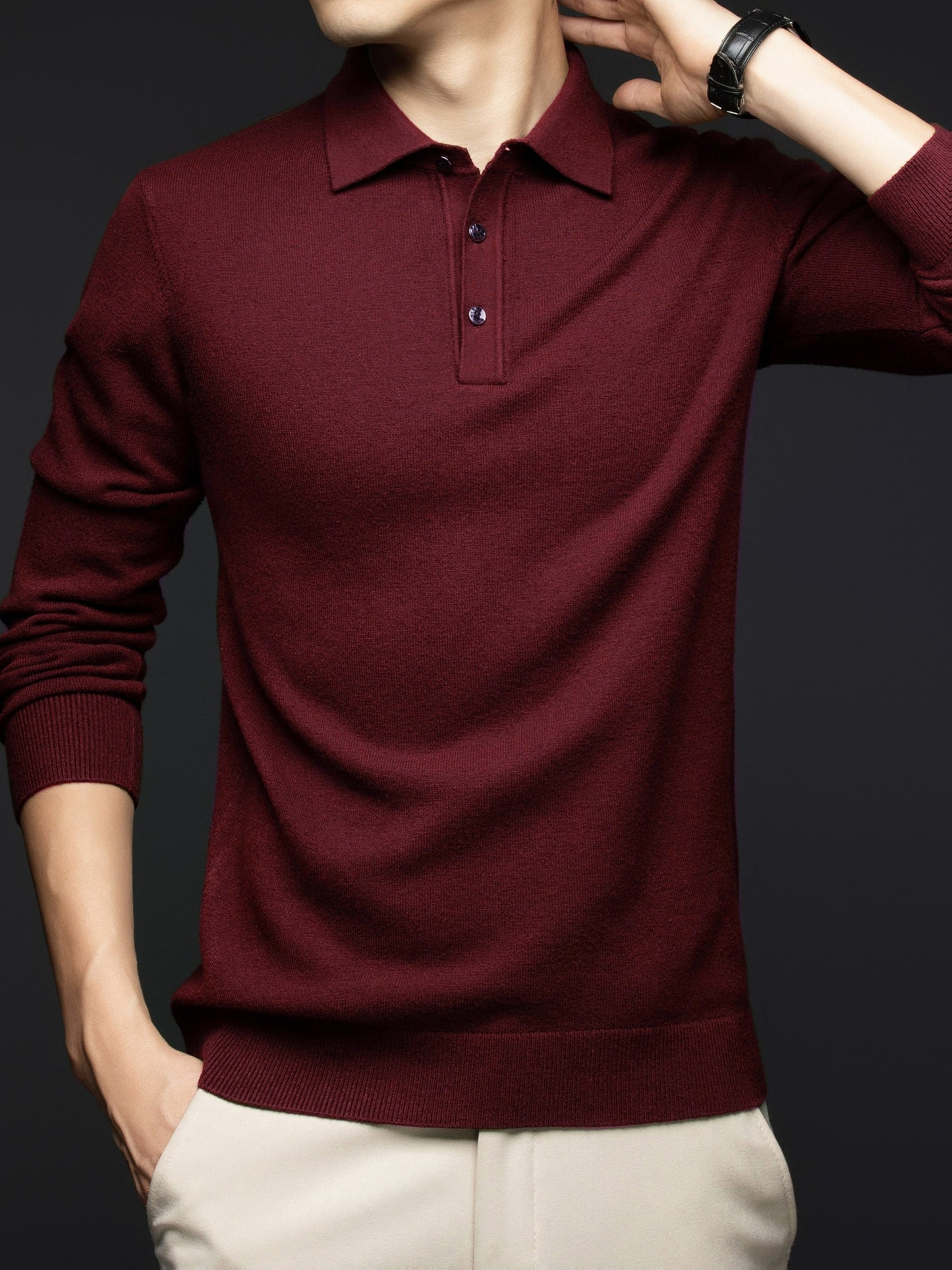 Men's Winter Warm Wool Blend Shirt - Burgundy Collar Button-Front Sweater Jacket, Long Sleeve Solid Color Casual & Formal Wear, Hand Washable Pullover Sweater Coat