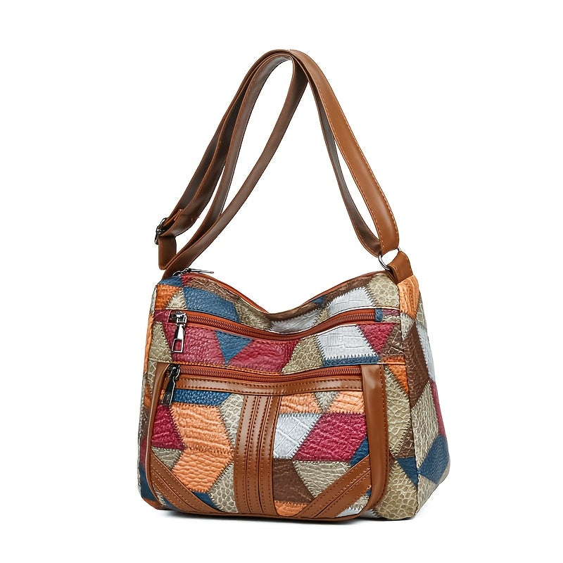 Sac femme – Sac bandoulière casual, design patchwork, style simple et tendance, fermeture éclair aléatoire