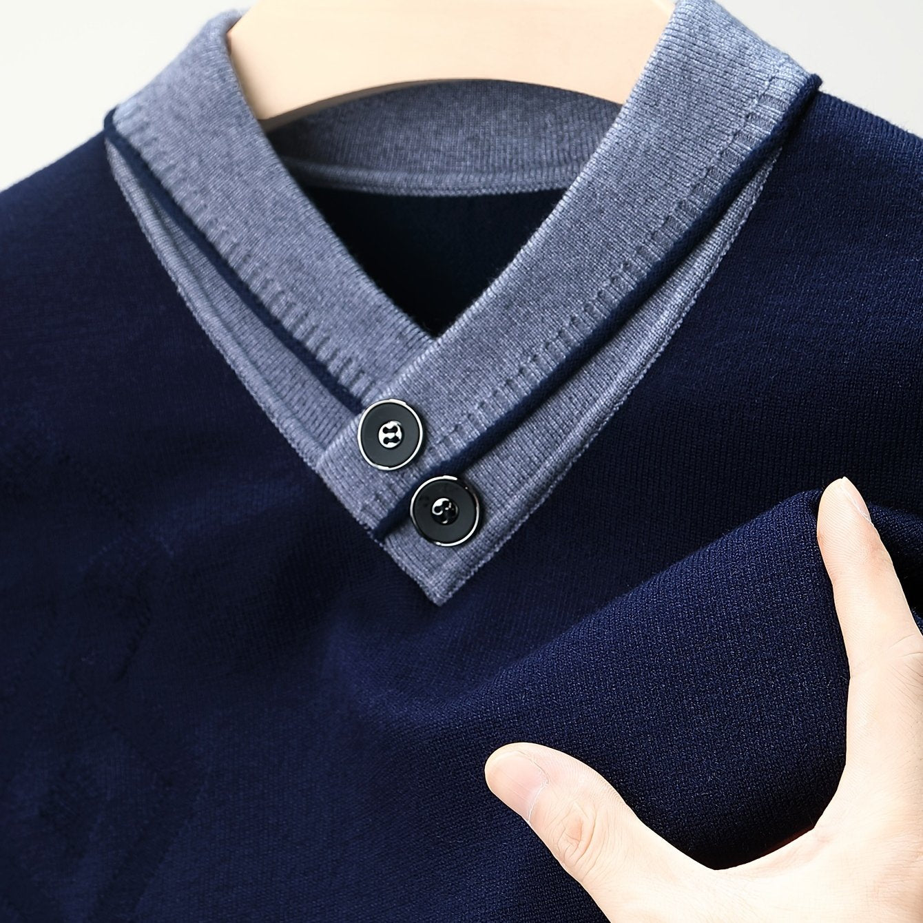 1pc Men'S Winter V-Neck Sweater with Dual Button Detail - Color Block Knit Pullover, Viscose Fabric, Long Sleeve, Regular Fit, Casual Style for Fall/Winter - Soft, Warm, Skin-Friendly Inner Layer, Thick