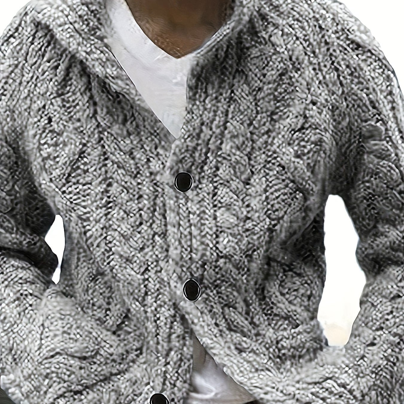 Men's casual sports sweater, solid color chunky knit cardigan with a relaxed stand-up collar design, crafted from thick knitted fabric for a textured and dimensional look. Features single-breasted buttons and pocket details,